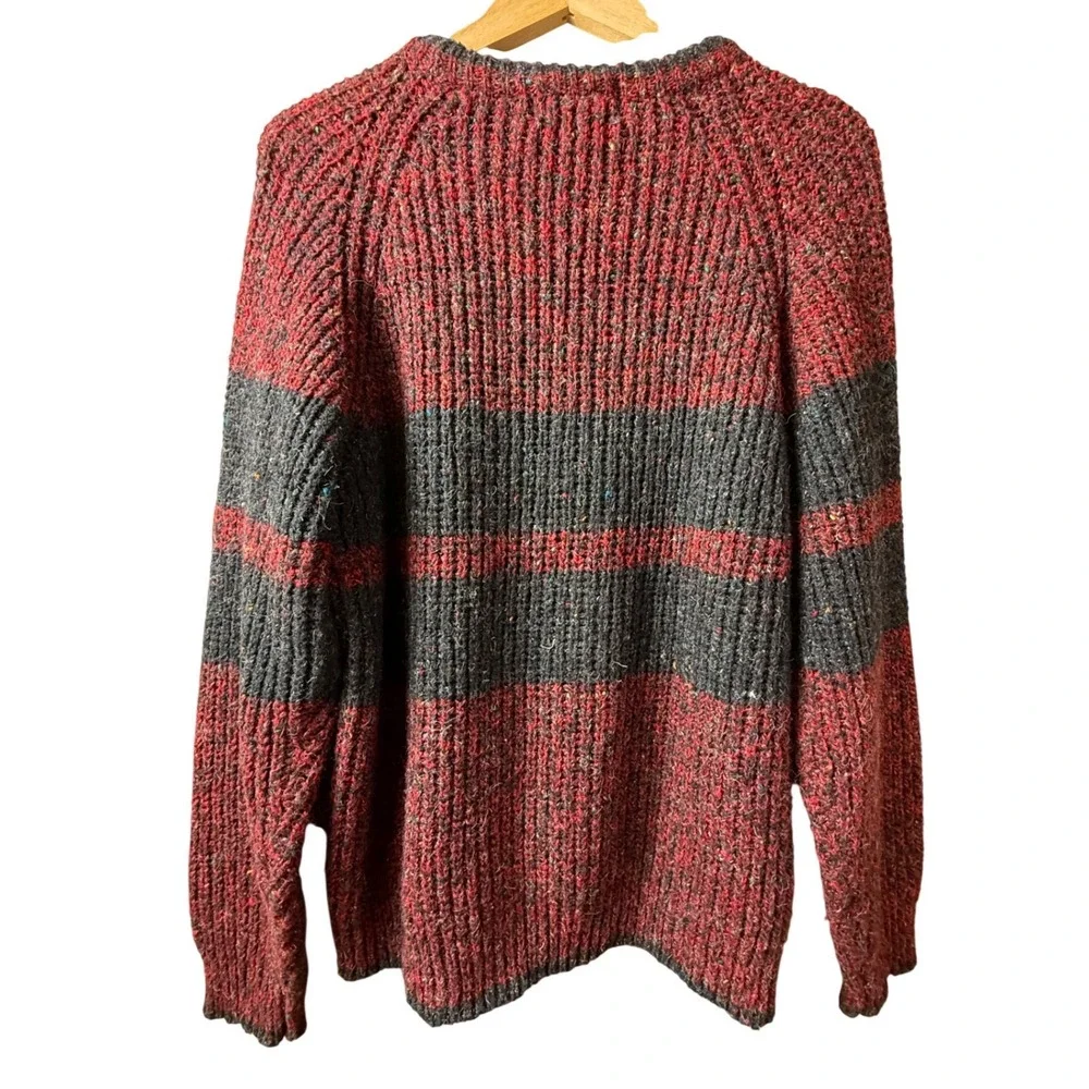VTG Mens Striped Wool Blend Crewneck Sweater Burgundy Grey L Eclectic Grandpa‎